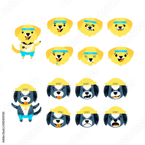 Emotion set of cute Labrador retriever and Portuguese water dog. The dog can be different happy, sad and kind. Sports accessories watches, bandage, hat and pants. Cartoon flat vector illustration.