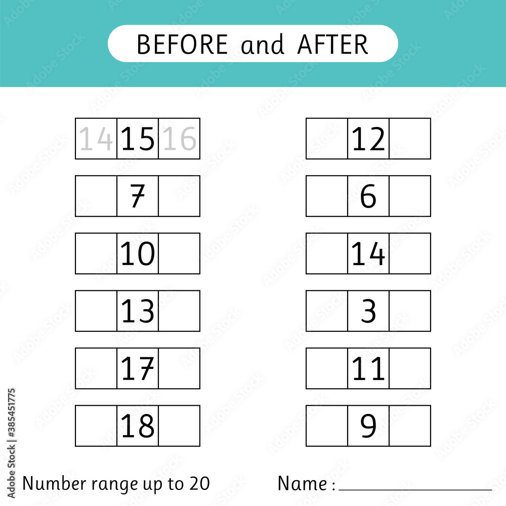 Fill in the missing numbers. Before and after. Number range up to 20.  Mathematic. Worksheet for kids Stock Vector | Adobe Stock