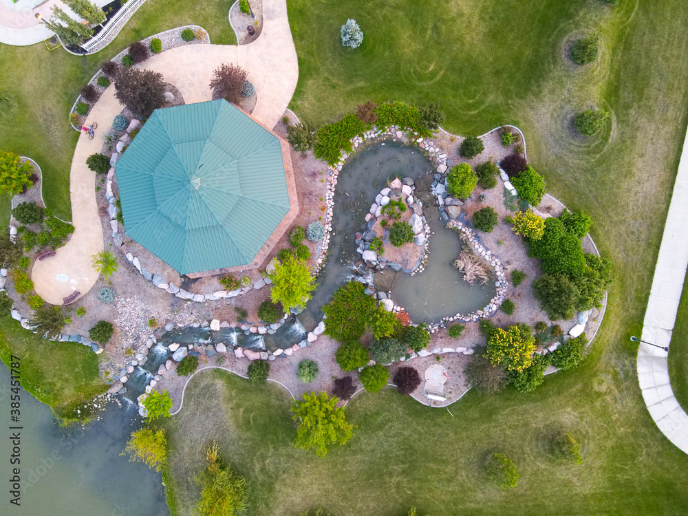 Drone top down photo of Shadow Wood Splash Pad Park in West Fargo