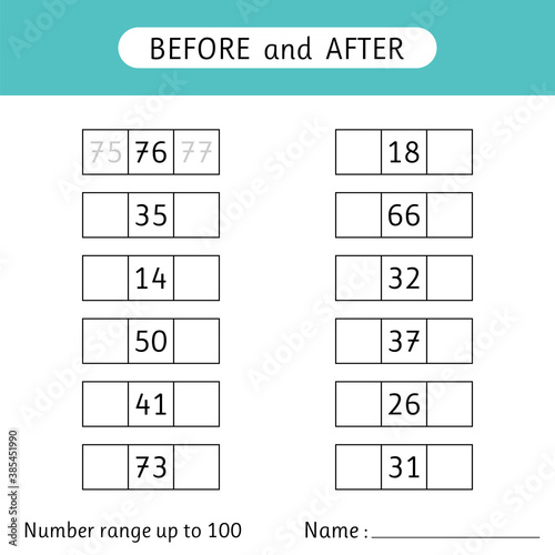 Fill in the missing numbers. Before and after. Number range up to 100. Mathematic. Worksheet for kids