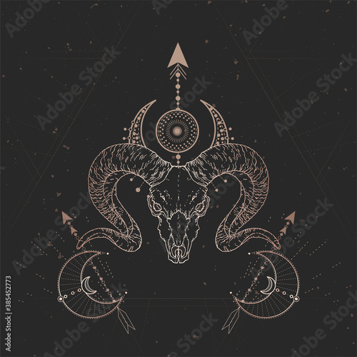 Vector illustration with hand drawn Wild ram skull and Sacred geometric symbol on black vintage background. Abstract mystic sign.