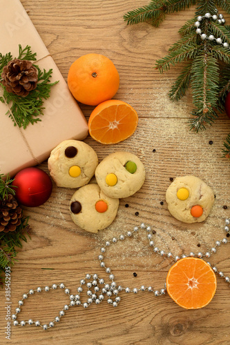 Homemade Christmas cookies on a wooden background.