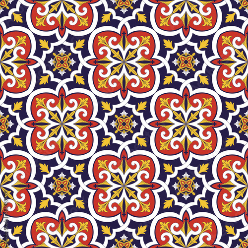 Mexican tile pattern vector seamless with floral motif. Sicily Italian majolica, portugal azulejo, puebla talavera, venetian and spanish ceramic. Vintage background for kitchen wall or bathroom floor.