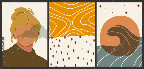 A set of three aesthetic vintage backgrounds. Abstract posters in pastel colors for social media. Transparent silhouettes of female faces. Trendy illustration with geometric shapes, sea, sun, clouds.