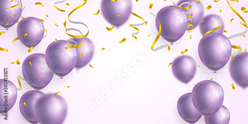 Celebration party banner with purple balloons background. Sale Vector illustration. Grand Opening Card luxury greeting rich.