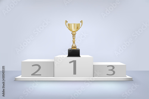 golden award cup on award podium with spotlights vector illustration