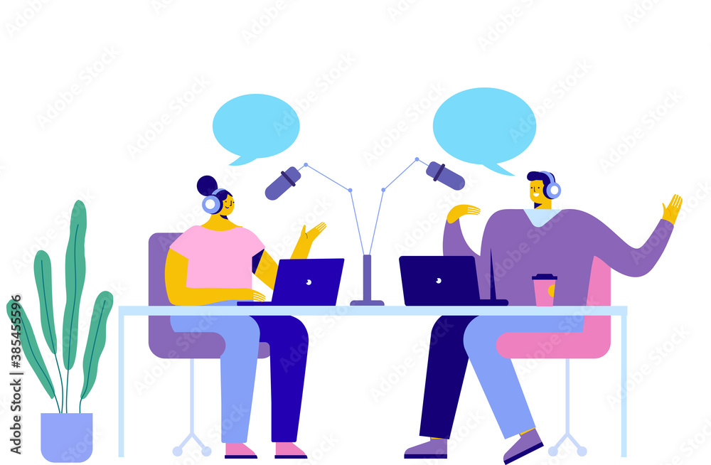 Bloggers podcaster streaming. Interview, podcast, Live streaming, broadcast, radio host flat vector illustration. Bloggers cartoon character.