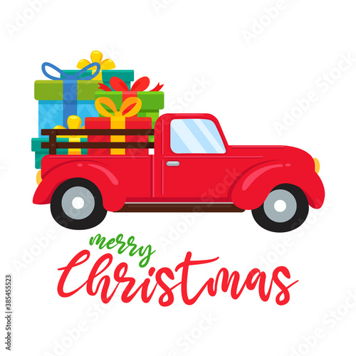 A red car on christmas day carrying a big gift box.
