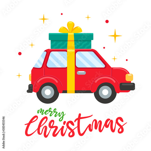 A red car on christmas day carrying a big gift box.