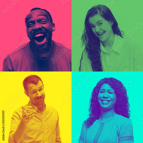Collage of young people with bright facial expression on multicolored background. Trendy, modern duotone effect. Concept of human emotions. Copyspace for ad. People in halftones. Pop style. Popular photo