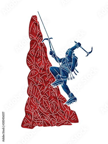 Hiker climbing mountain hiking cartoon graphic vector