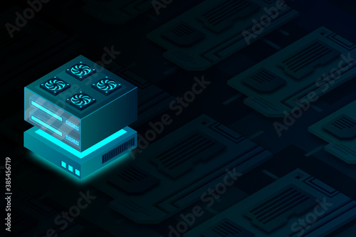 Concept of big data processing center, machine learning, cloud database, station of future, data mining, energy server. Digital technology, machine programming. Vector illustration.