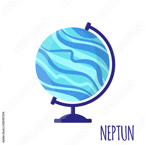 Vector cartoon illustration with desktop school Neptun globe isolated on white background.