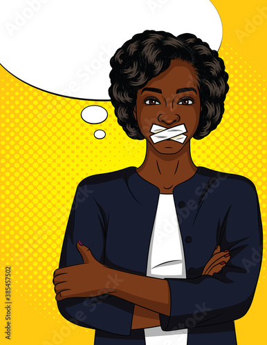 Color vector pop art comic style woman with sealed mouth. A beautiful dark-skinned woman in a suit cannot speak. African american woman standing with closed mouth on yellow halftone background