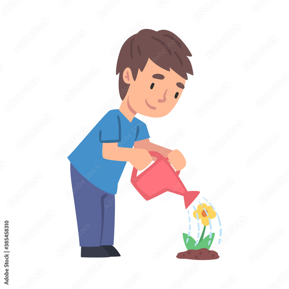 Cute Boy Watering Flower, Child Working in Garden and Caring about Planet, Environmental Protection Concept Style Vector Illustration isolated on White Background