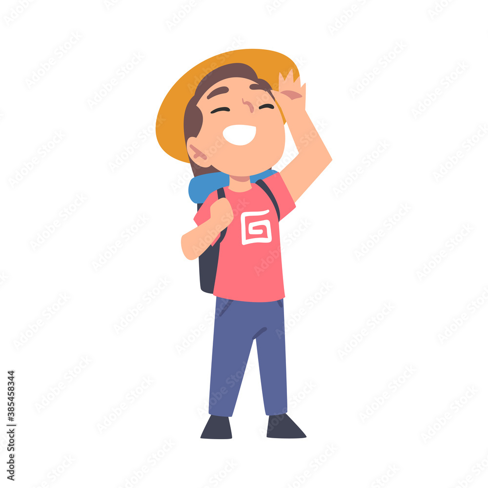 Cute Smiling Boy in Straw Hat Standing with Backpack Cartoon Style Vector Illustration on White Background