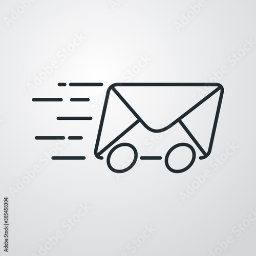 Icono plano lineal símbolo mandar mensaje con sobre con ruedas y velocidad en fondo gris