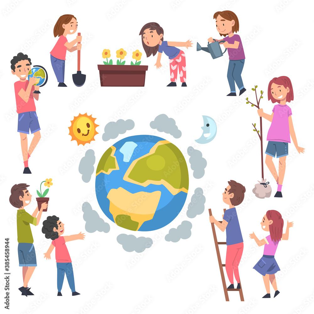 Children Taking Care of Earth Planet Set, Children Planting Trees and Flowers, Environmental Protection Concept Cartoon Style Vector Illustration