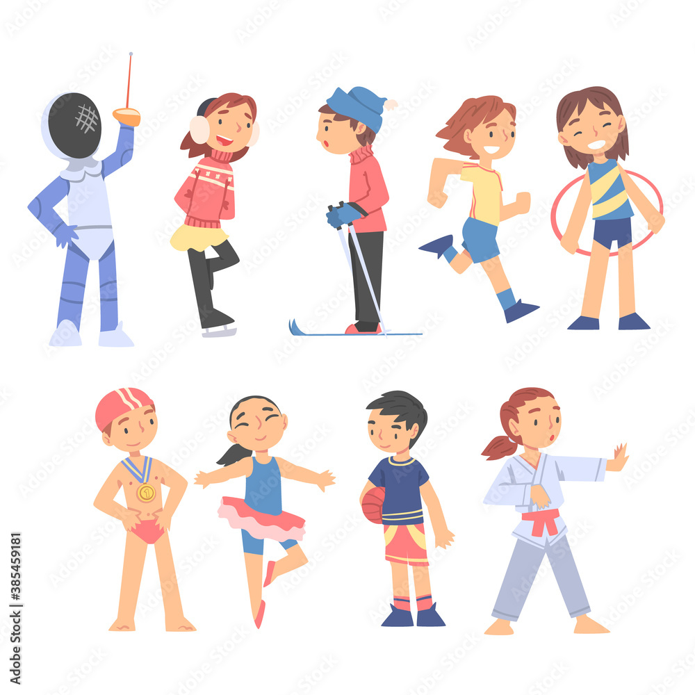 Children Playing Various Sports Set, Boys and Girls Fencing, Skating, Dancing, Swimming, Healthy Lifestyle Concept Cartoon Style Vector Illustration