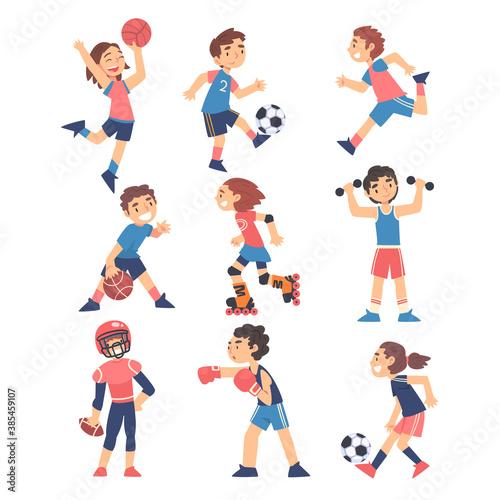 Children Playing Various Sports Set  Boys and Girls Playing Ball  Roller Skating  Boxing  Healthy Lifestyle Concept Cartoon Style Vector Illustration