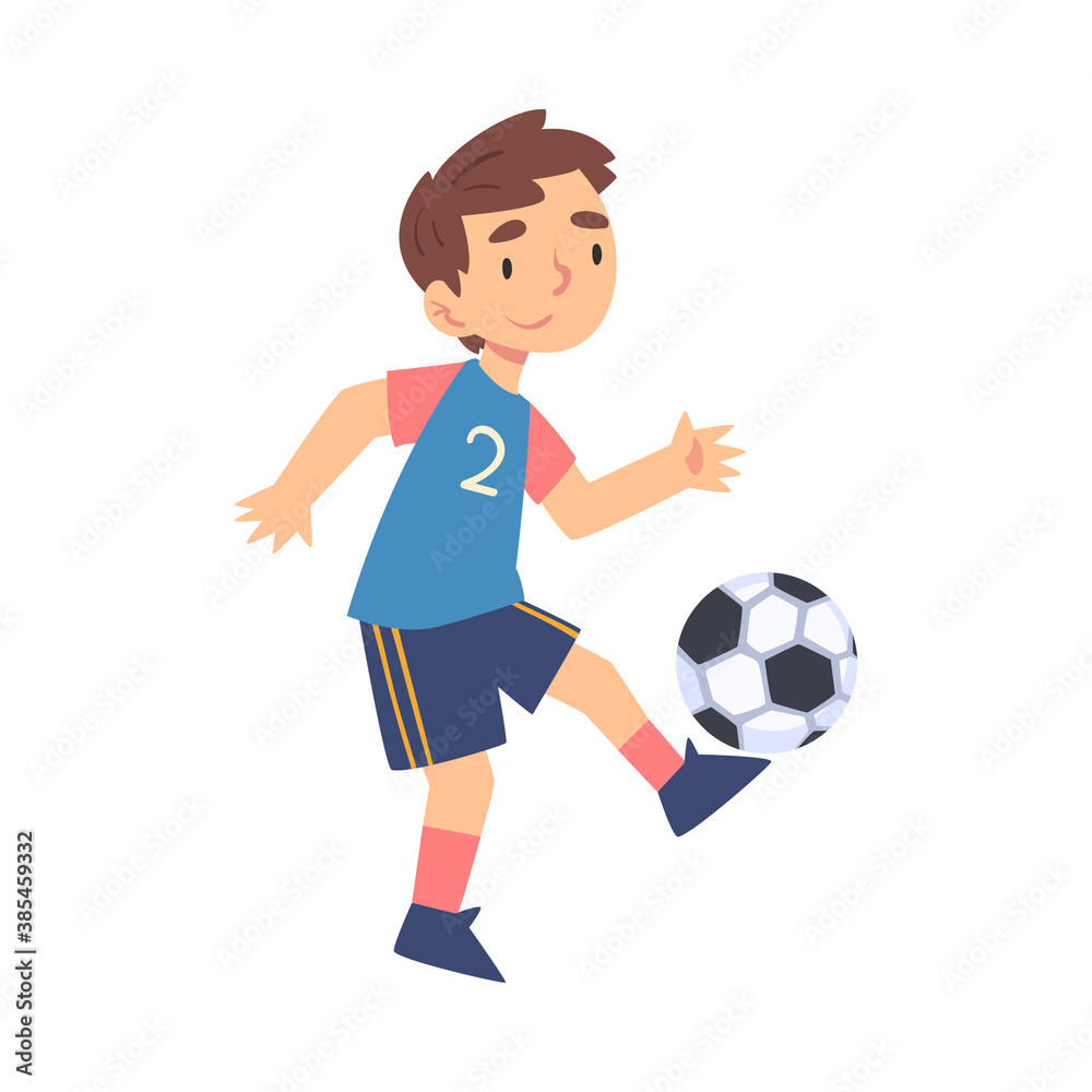 Cute Boy Playing Soccer, Kid Doing Sports, Healthy Lifestyle Concept Cartoon Style Vector Illustration Cute Boy Playing Soccer, Kid Doing Sports, Healthy Lifestyle Concept Cartoon Style Vector Illustration