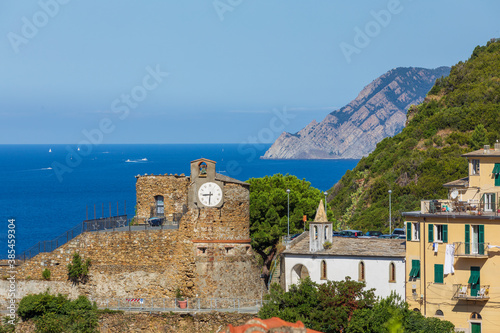 Landscape panorama with castle of Riomaggiore, historic building located in the upper part of the historic center of Riomaggiore, in the Cinque Terre, in the province of La Spezia.