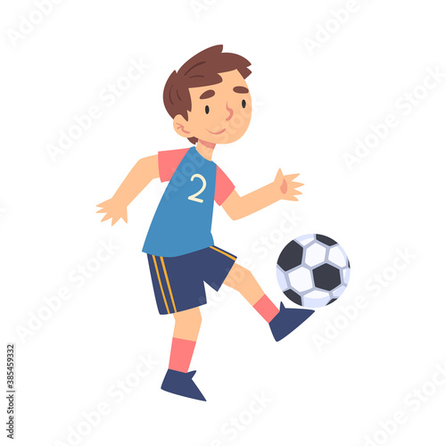 Cute Boy Playing Soccer, Kid Doing Sports, Healthy Lifestyle Concept Cartoon Style Vector Illustration © topvectors