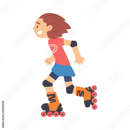 Smiling Girl Rollerblading  Kid Doing Sports  Healthy Lifestyle Concept Cartoon Style Vector Illustration