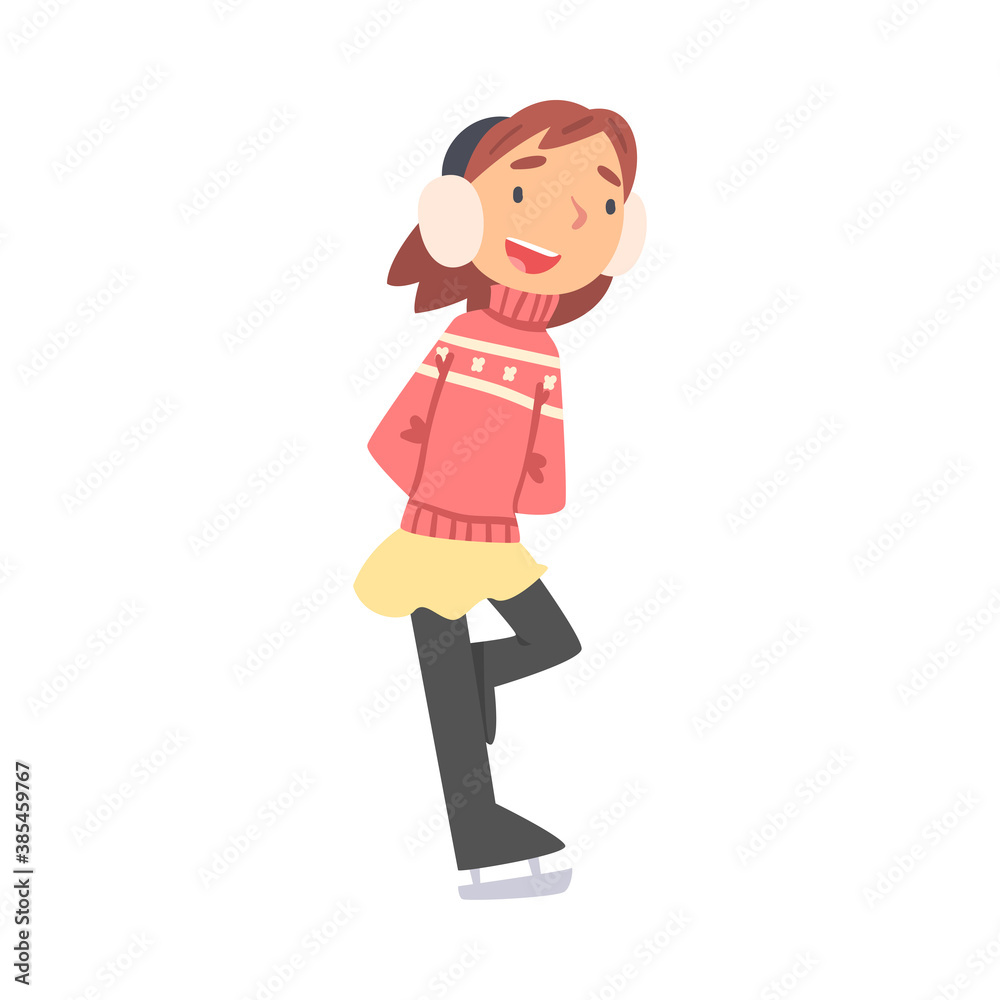 Cute Girl Wearing Skating on Rink Wearing Warm Clothes, Kid Doing Sports, Healthy Lifestyle Concept Cartoon Style Vector Illustration