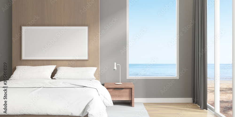 3D rendering of modern bedroom with sea view background.