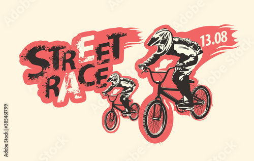 Stampa su tela Street race lettering and cyclists on the bikes