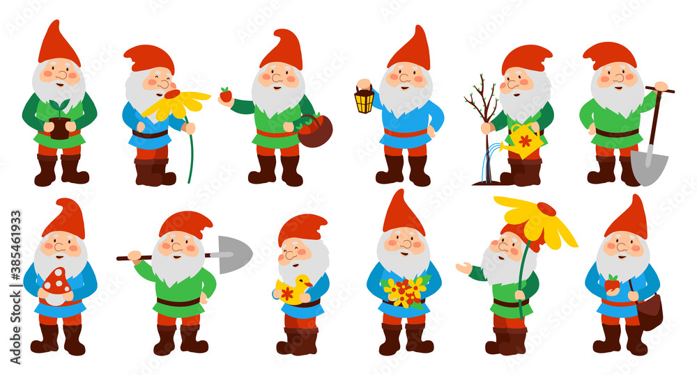 Set of cute garden gnomes. Isolated on a white background. Vector illustration.