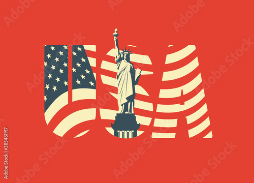 USA letters in the colors of the American flag with the Statue of Liberty on a red background. Vector banner, poster, flyer, t-shirt design, greeting card or design element in flat style