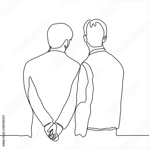 two men stand side by side and look at the same place above eye level. one line drawing concept of two friends / pals looking at paintings on display in a museum.