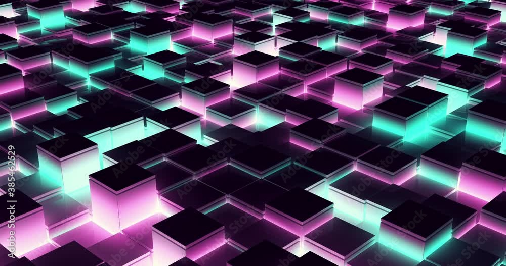 Abstract background of black tiles rising and illuminated by different colored lights