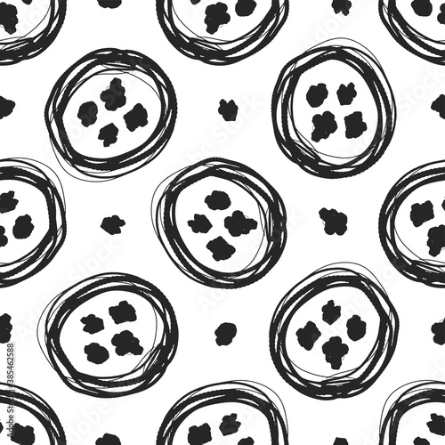 Black circles and dots isolated on white background. Monochrome seamless pattern. Ink sketch drawing. Vector flat graphic hand drawn illustration. Texture.