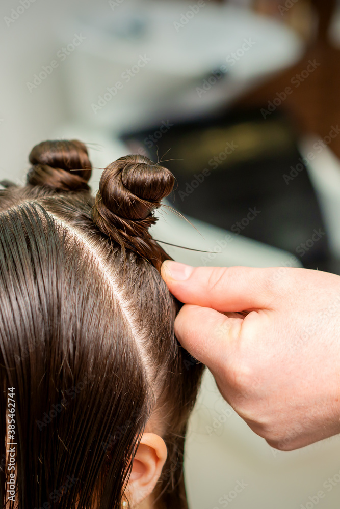 Young woman receives process of hairstyle by hairdresser at beauty hair salon Young woman receives process of hairstyle by hairdresser at beauty hair salon