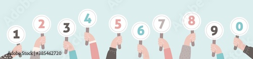 Hands holding judges score. Jury hold scorecard. Vector feedback cartoon flat collection