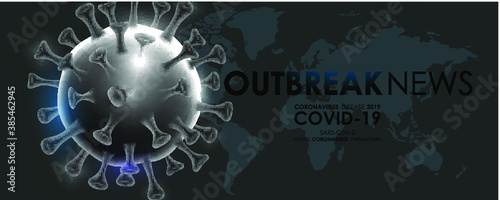 Design of a coronavirus outbreak with a viral cell in microscopic form. Illustration template on the topic of a dangerous SARS epidemic for an advertising banner or leaflet.