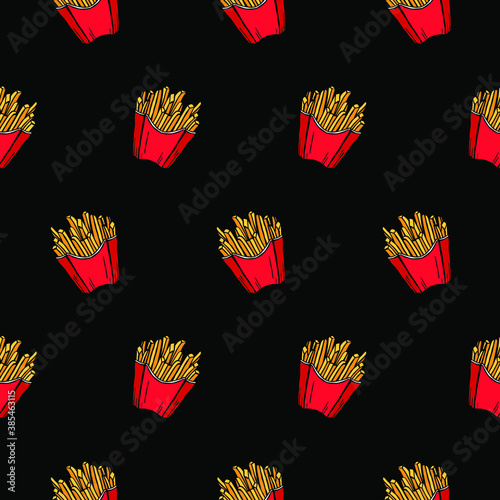 Vector pattern of French fries on a black background. Drawn by hand. Fast food. Menu.