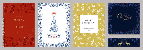 Holidays cards with Christmas tree, reindeers, floral frames and backgrounds. Modern universal artistic templates. Vector illustration.