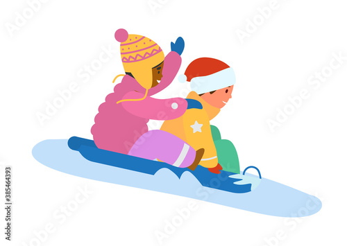 Boy And Girl Riding Snow Slide. Winter Activities. Flat Vector Illustration. Isolated On White.