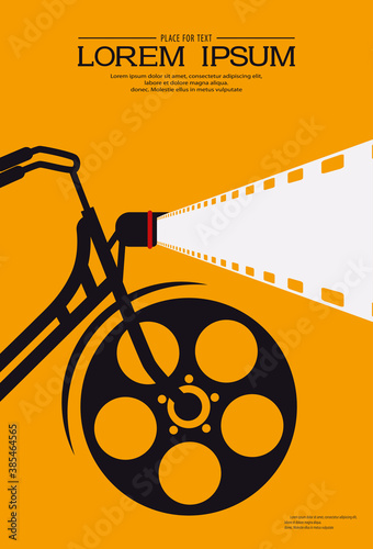 Template poster for cinema festival. Vintage bicycle with projecting film strip on orange background. Retro cinema background. Film festival template for advertisement, poster, brochure, banner.