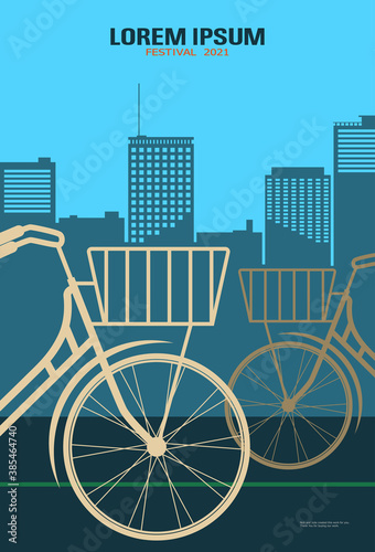 Template poster for festival. Vintage bicycles on blue futuristic cityscape background. Retro cinema background. Film festival template for advertisement, poster, brochure, banner, flyer, leaflet.