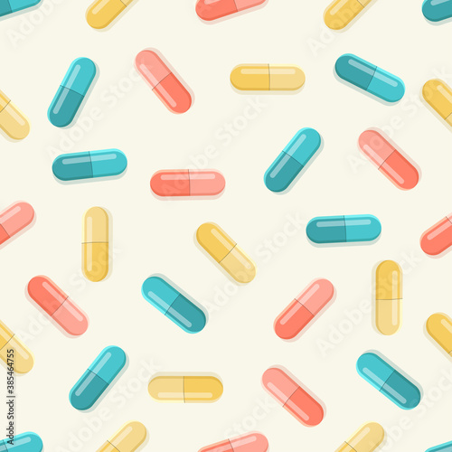 Medical pills seamless pattern, medicine vector on beige background.