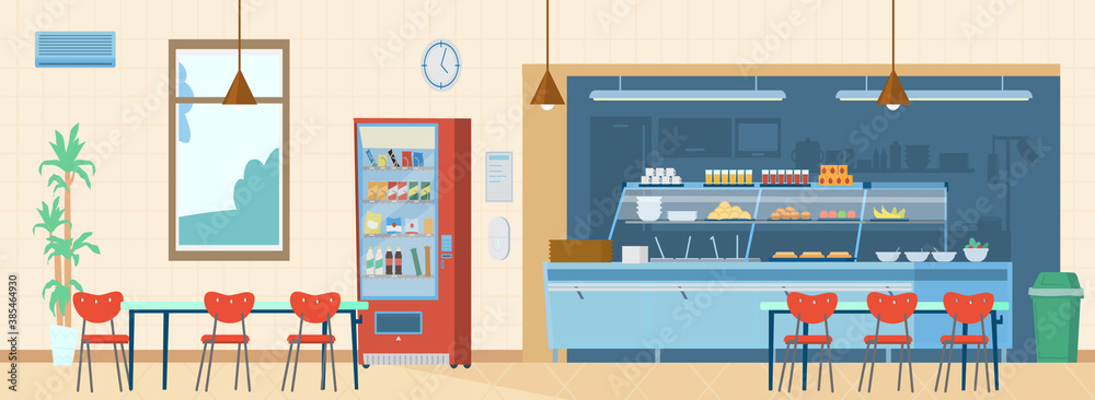 School Canteen Interior Horizontal Background. Kitchen, Vending Machine, Trash Can, Tables With Chairs, Menu, Hand Sanitizer. Flat Vector Illustration.