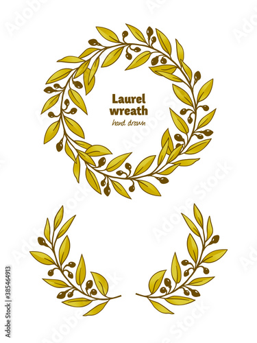 Laurel Bay golden wreath, leaves, branches and fruits detailed hand drawn illustration 