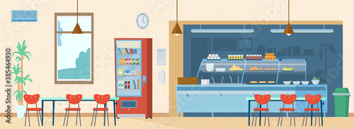 School Canteen Interior Horizontal Background. Kitchen, Vending Machine, Trash Can, Tables With Chairs, Menu, Hand Sanitizer. Flat Vector Illustration.