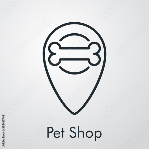 Tienda de mascotas. Comida para perros. Logotipo lineal hueso en puntero en fondo gris
