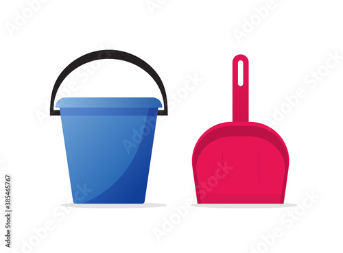 Bucket pail and dustpan shovel for householding cleaning dust tools, housekeeping icons for home office clean idea vector flat cartoon illustration clipart set isolated